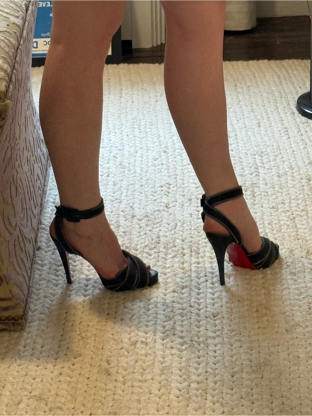 Christian Louboutin Black Strappy Ankle‑Wrap High Heels with Zipper Details!